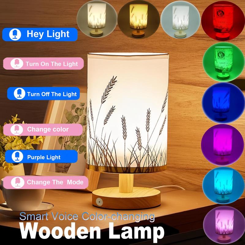 Smart Voice Activated Control Table Lamp, USB Powered Wooden LED Night Light, Touch Control Color Changing Night Light for Home Bedroom Living Room 1