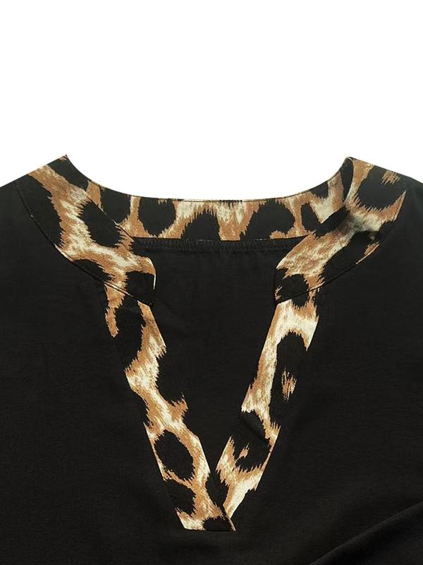 【Plus Size】 Leopard Patchwork Notched Neck Blouse, Casual Bishop Sleeve Top for Fall & Winter, Women's Clothes for Daily Wear 5