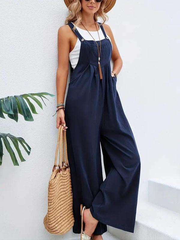 Women's Plain Plicated Button Wide Leg Overall Jumpsuit without Tank Top, Casual Square Neck Sleeveless Pocket Overall Jumpsuit for Summer, Jumpsuit for Women, Playsuit for Women, Summer Outfits 2024 4