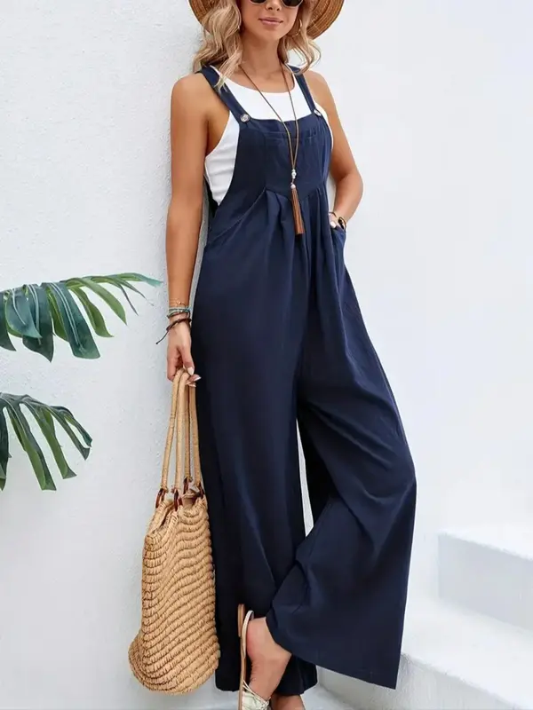 Women's Plain Plicated Button Wide Leg Overall Jumpsuit without Tank Top, Casual Square Neck Sleeveless Pocket Overall Jumpsuit for Summer, Jumpsuit for Women, Playsuit for Women, Summer Outfits 2024 4