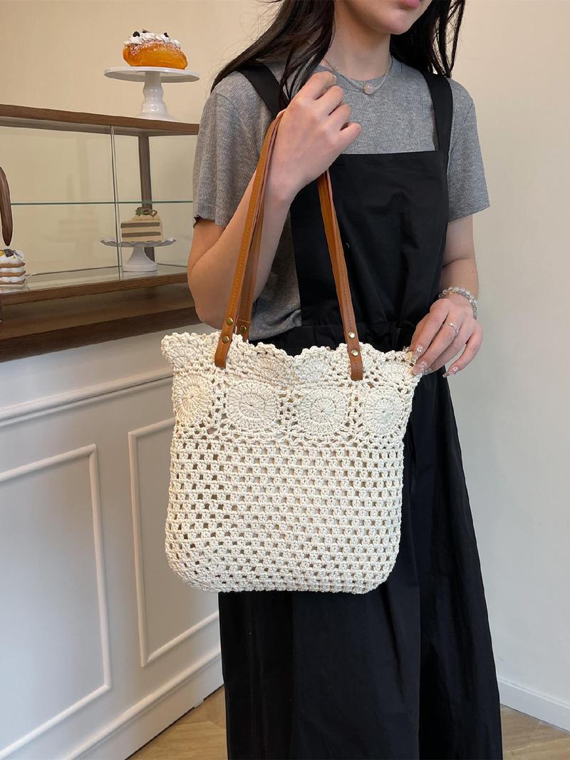 Product Introduction of Women's Solid Color Straw Tote Bag, Fashionable Large Capacity Shoulder Bag for Daily Used, Casual Trendy Versatile High-quality Daily Commuting Bag 5