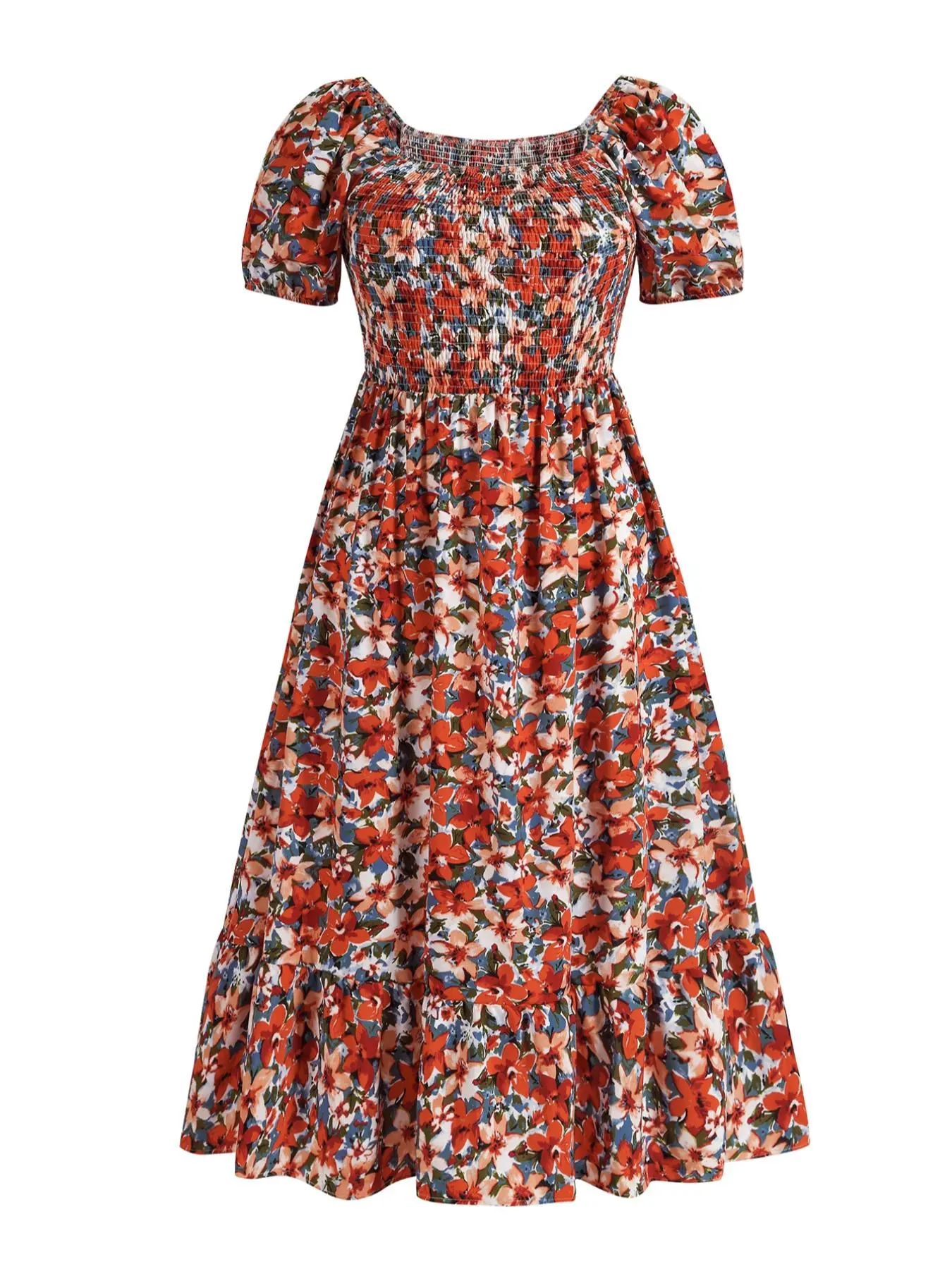 【Plus Size】Frenchy Style Ditsy Floral Print Puff Sleeve A Line Maxi Dress, Square Neck Shirred Dress, Dresses for Women, Dresses for Women, Women's Clothes for Summer, Summer Dresses
