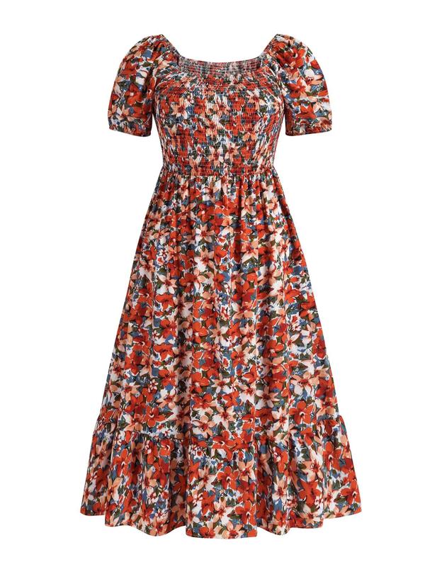 【Plus Size】Frenchy Style Ditsy Floral Print Puff Sleeve A Line Maxi Dress, Square Neck Shirred Dress, Dresses for Women, Dresses for Women, Women's Clothes for Summer, Summer Dresses, Womenswear 1