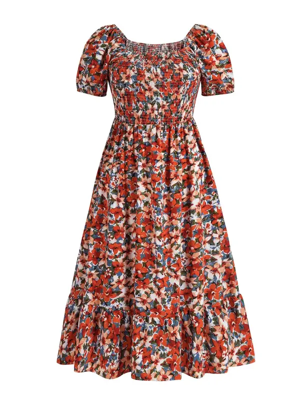 【Plus Size】Frenchy Style Ditsy Floral Print Puff Sleeve A Line Maxi Dress, Square Neck Shirred Dress, Dresses for Women, Dresses for Women, Women's Clothes for Summer, Summer Dresses, Womenswear 1