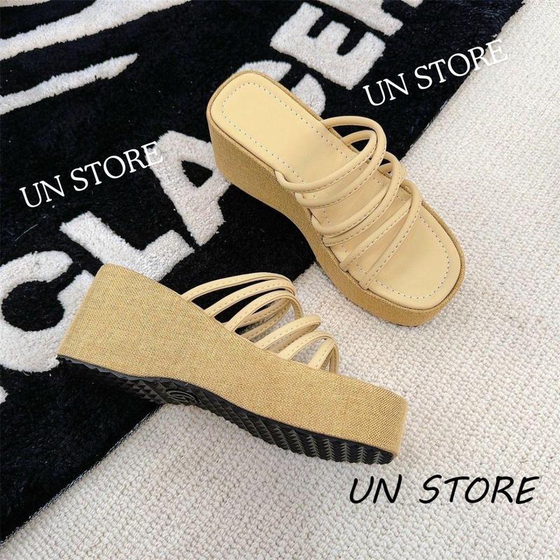 USD036 Dép đế xuồng quai mềm nhiều dây thịnh hành cao 7 phân Un Store Nhung Len Nữ DéP Đế Bằng Cao Su Sandal GiàY