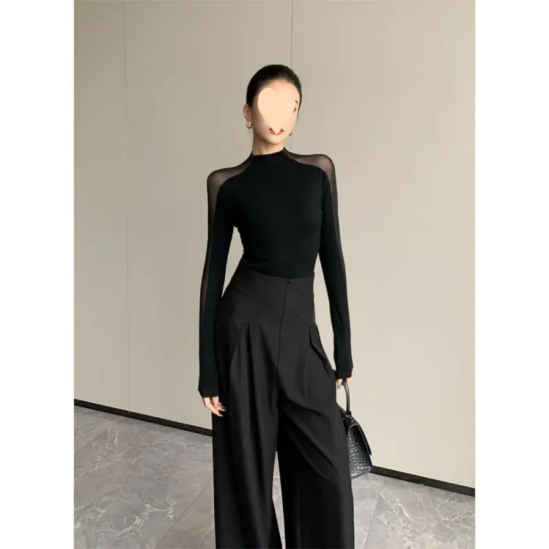 Y, Queen Feeling, Stitching Slightly Transparent Black Top, High-End Chic Shirts Womenswear