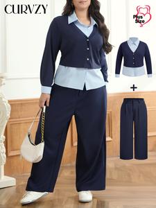CURVZY Plus Size Two-Piece Set 2 in 1 Collared Button Front Top & Pocket Pants, Casual Long Sleeve Top & Wide Leg Trousers for Daily Wear, Women's Two-piece Outfits for Spring & Fall