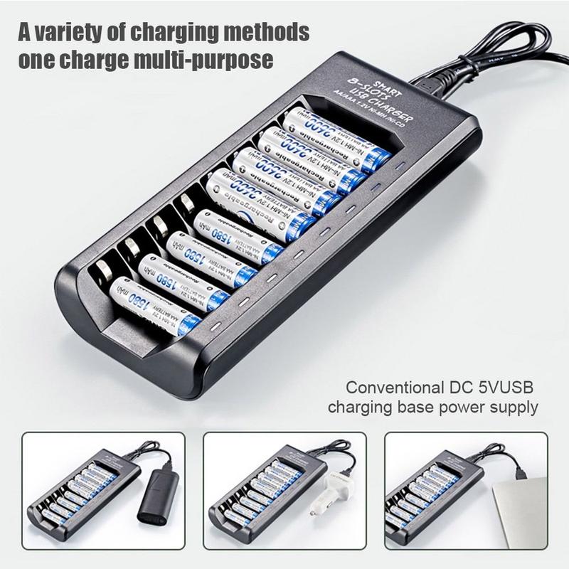 Bộ sạc pin 5V 2A, sạc nhanh, dành cho pin AA / AAA, với 5 / 8 khe cắm, bộ sạc USB 0