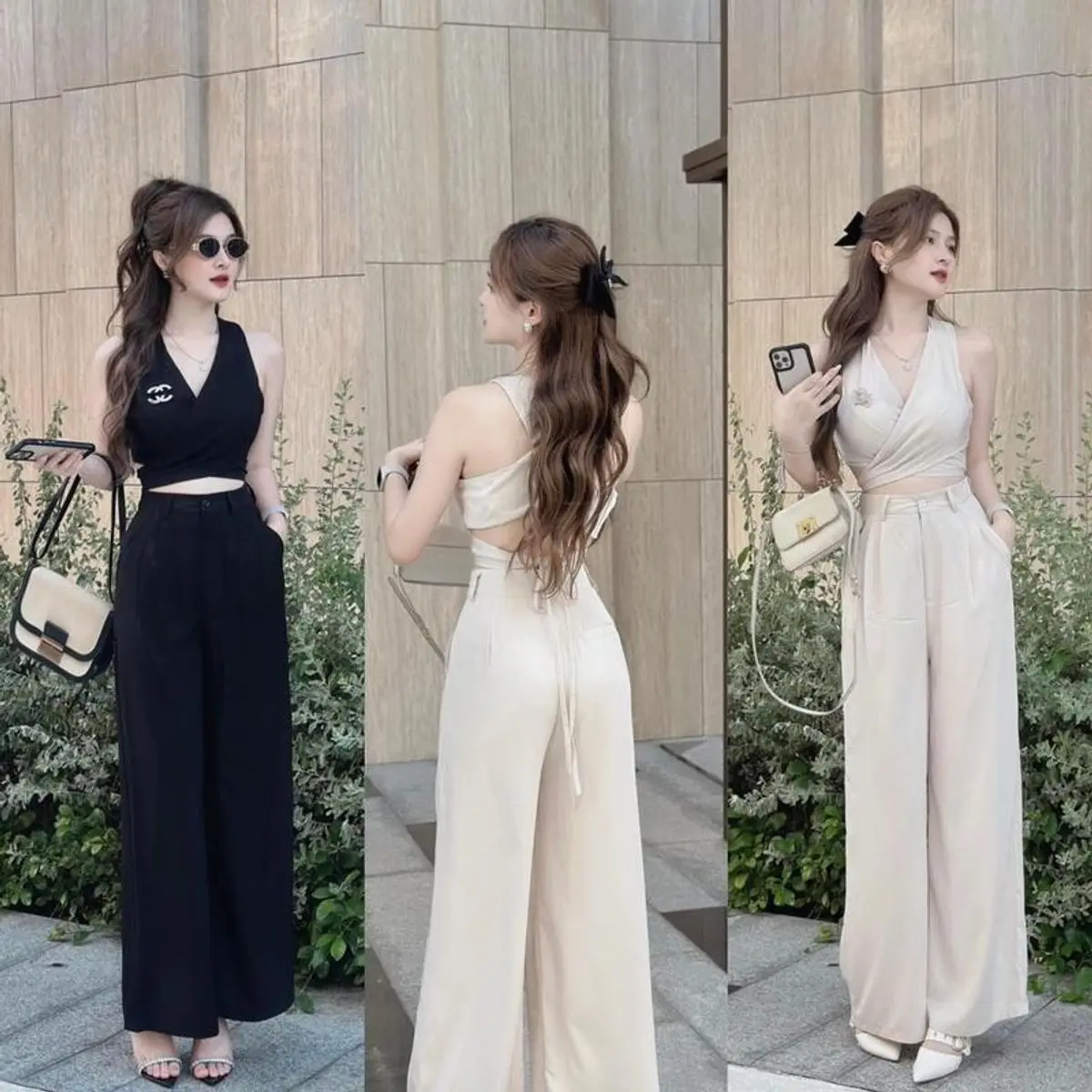 SÉT THIẾT KẾ ÁO CỔ CHÉO THẮC NƠ SAU LƯNG CÓ MÚT NGỰC PHỐI QUẦN XUÔNG mua rẻ Top Dress Nữ Women