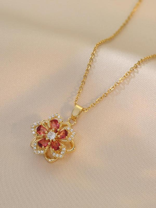 Rotatable Flower Design Pendant Necklace for Women, Rhinestone Decor Necklace for Party, Daily Clothing Decor, Trendy & Exquisite Jewelry for Holiday Parties 2
