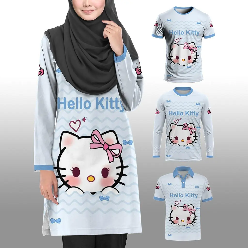 Light Blue Hello Kitty Printed Muslimah Clothing Women's Jersey Polo Shirt Long Sleeve Children's T-Shirt Family Set