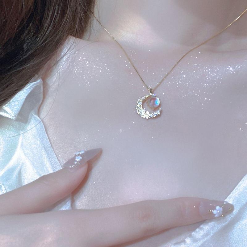 Product Introduction of Titanium Steel Necklace Moonstone Necklace Female Light Luxury Minority Simple Colorful Moon Clavicle Chain 8