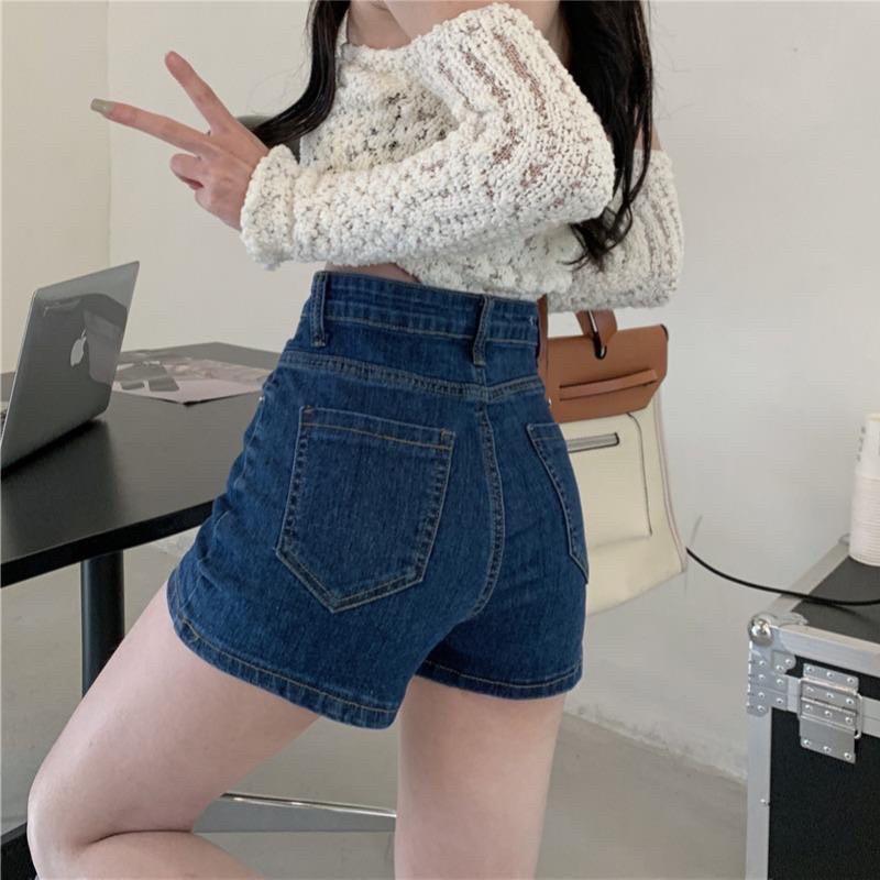 (Q005) Quần short jean ôm body trơn, quần đùi cạp cao tôn dáng dài chân