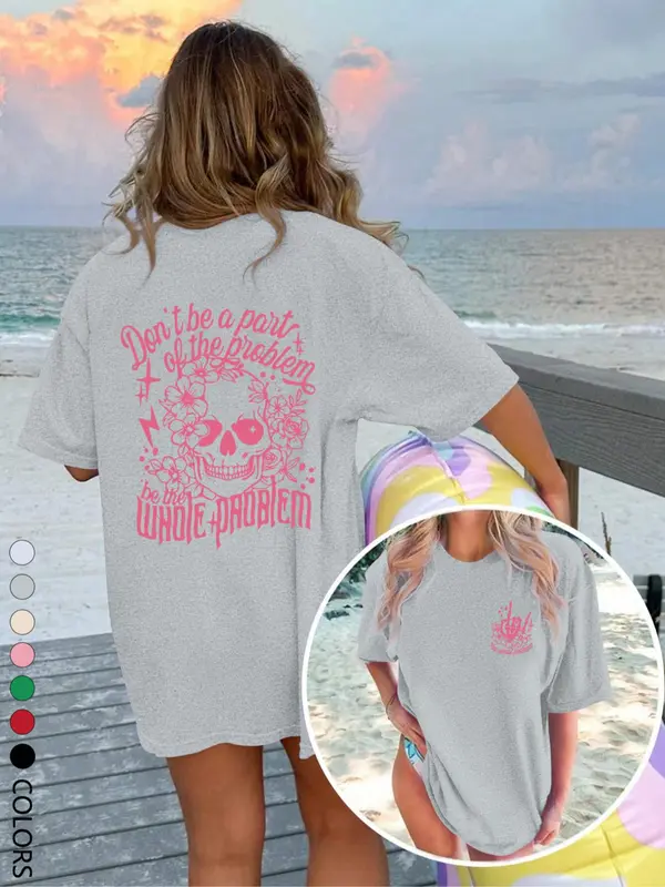Women's Floral & Skull Print Round Neck Oversize Tee, Fashion Casual Letter Graphic Crewneck T-shirt for Daily Holiday Vacation Outdoor Wear, Ladies Clothes for Summer, Tshirt,top 2