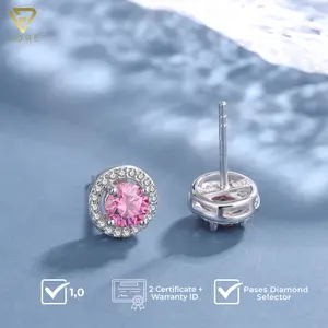 Anting Moissanite Lapis Emas Putih 18K - Pink Round Lining Moissanite Earring - Lore Jewellery