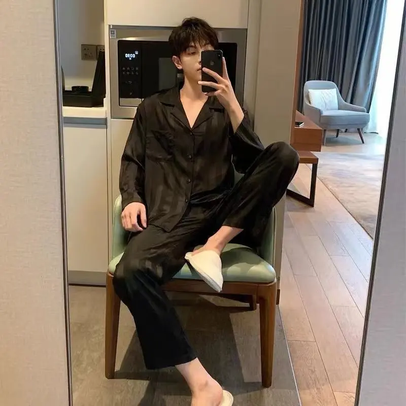 Bộ Đồ Ngủ Lụa Lạnh Cho Cặp Đôi, Dành Cho Phụ Nữ Và Nam Giới, Mùa Xuân Và Mùa Thu, Dài Tay, Lụa Mỏng, Thích Hợp Cho Mùa Hè, Đồ Mặc Nhà, 2025