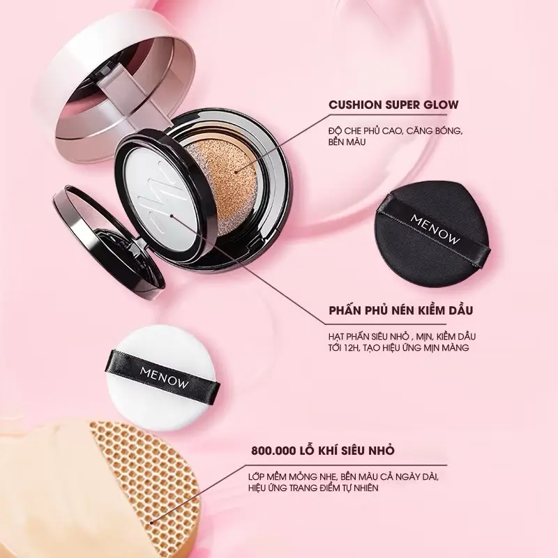 [MUA 1 TẶNG 1] Cushion kèm phấn phủ 2in1 siêu kiềm dầu, căng bóng Menow Super Glow Cushion & Compact Powder [TẶNG 1 LÕI F02] 1