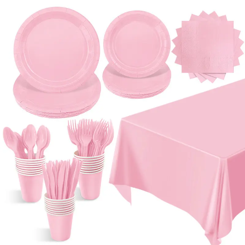 New Off-the-stock Macaron Light Pink Party Decoration Disposable Paper Plates Paper Cups Paper Towels Tableware Set