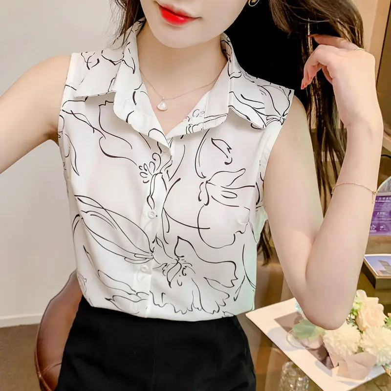 Áo Sơ Mi Hoa Cho Nữ, Thiết Kế Mới 2024, Phong Cách Mùa Hè, Vẻ Ngoài Thanh Lịch, Áo Không Tay Vải Voan, Độc Đáo Và Giấu Bụng 1