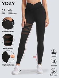 YOZY-GOOO Women's Contrast Mesh Leggings, Solid Color Skinny Pants, High Stretch Yoga Leggings, Ladies Sportswear for Indoor Outdoor Wear