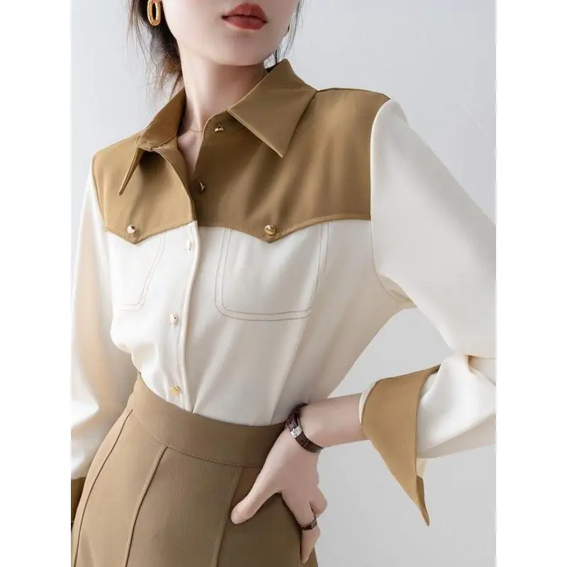 Áo Cổ Polo, Chất Lượng Cao, Màu Tương Phản Chắp Vá, Dành Cho Nữ, Phong Cách Pháp, Áo Sơ Mi Nhỏ Trang Phục Công Sở, Trang Phục Đi Lại, Áo Sơ Mi Dài Tay, Áo Thời Trang Đường Phố, Áo Sơ Mi Nữ, Áo Thun Ss22, Dành Cho Nữ, Hàng Mới Về Năm 2025 Top Women