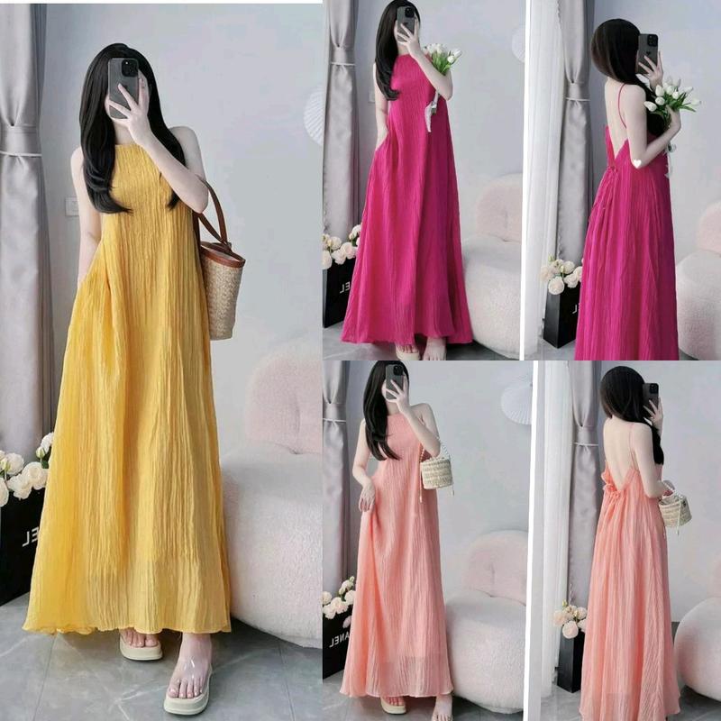 Đầm Maxxi Yếm Hở Lưng Rút Dây Tơ Nhăn