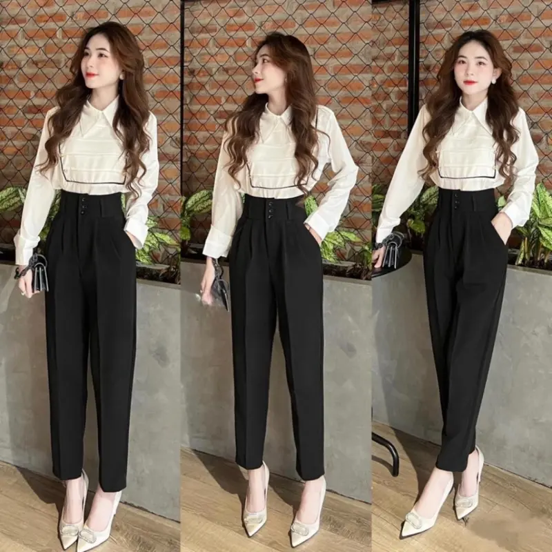 Quần vải nữ cạp cao công sở đi học ống baggy đứng 3 cúc bản to dáng quần tây nữ lưng cao đi học làm công sở đáy cao dài Pants Ong Women 0