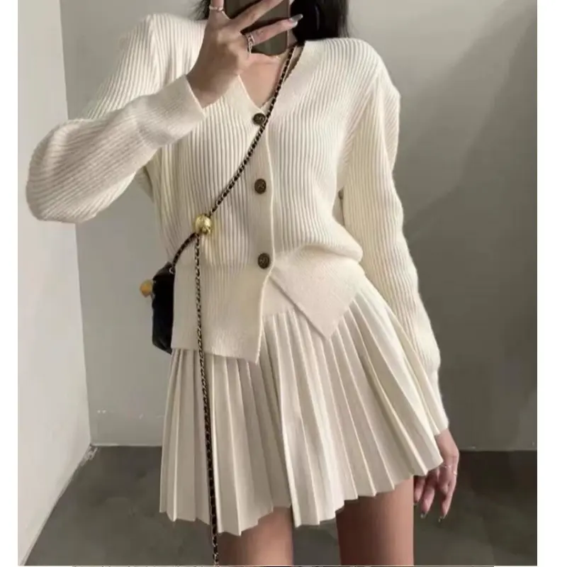 Women's Korean-Style Casual High-Grade Knitted Cardigan Pleated Skirt Early Autumn New Women's Clothes, Suit