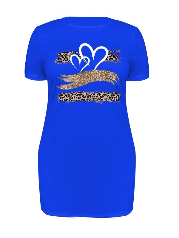 【Plus Size】 Graphic Print Round Neck Dress, Casual Short Sleeve Crew Neck Dress for Summer, Women's Plus Clothing for Daily Wear 6