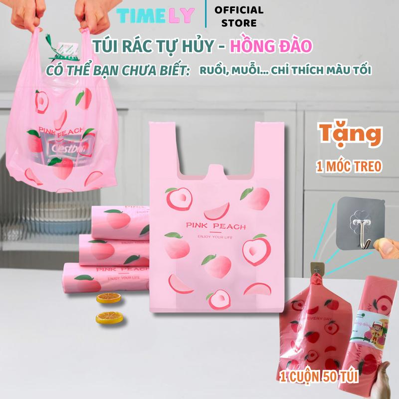 Túi Rác Hồng Đào Sinh Học Tự Hủy ( Loại Túi 5kg )  - Hãy Để Rác Không Làm Xấu Góc Nhà Bạn - 50 Túi/Cuộn 30*50cm - Có Quai Xách Tiện Lợi - Màu Sắc Xinh Xắn Có Thể Làm Túi Đưng Đồ - Túi Rác Nhà Bếp (Kitchen)