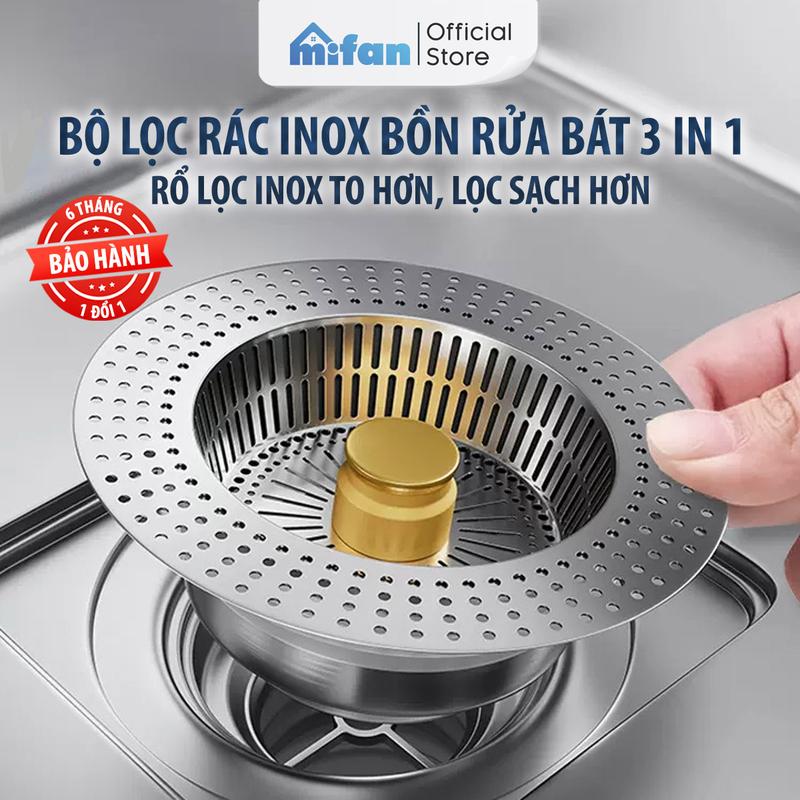 Bộ Lọc Rác Bồn Rửa Bát Inox 304 3 in 1 Mifan - Ngăn mùi hôi côn trùng, Nút chặn thoát nước, Khay giỏ lọc thức ăn thừa