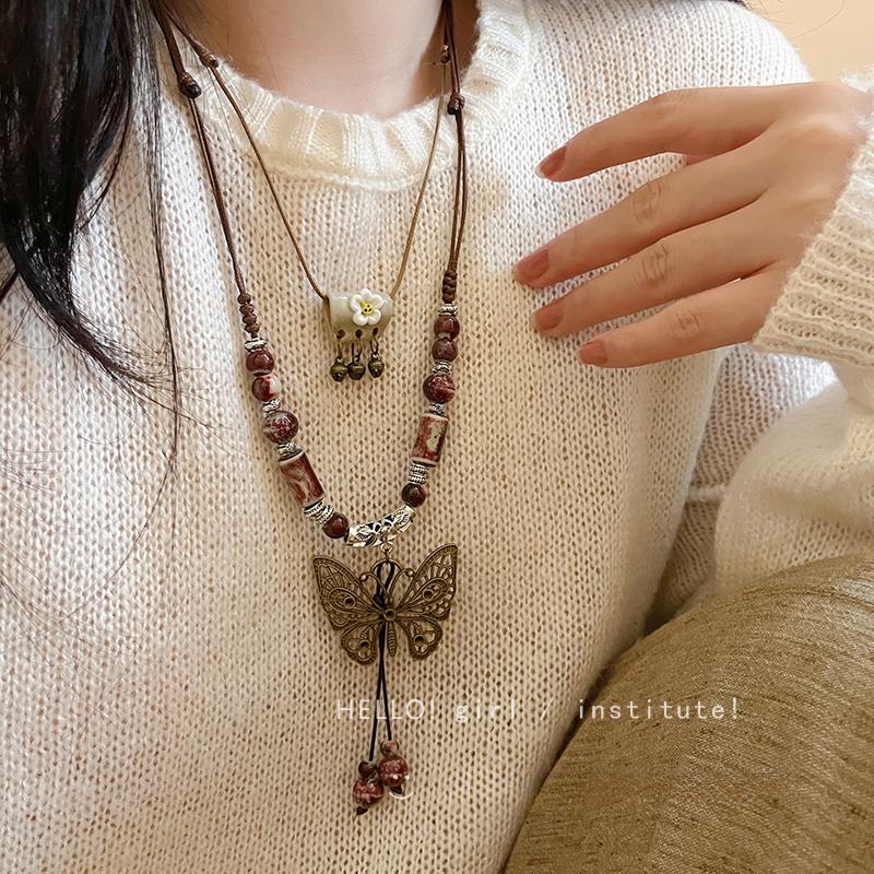 Vòng Cổ Mặt Dây Chuyền Hình Bướm Bằng Gốm Phong Cách Bohemian Cổ Điển Vòng Cổ Dài Nhiều Lớp Dành Cho Nữ Vẻ Ngoài Dân Tộc