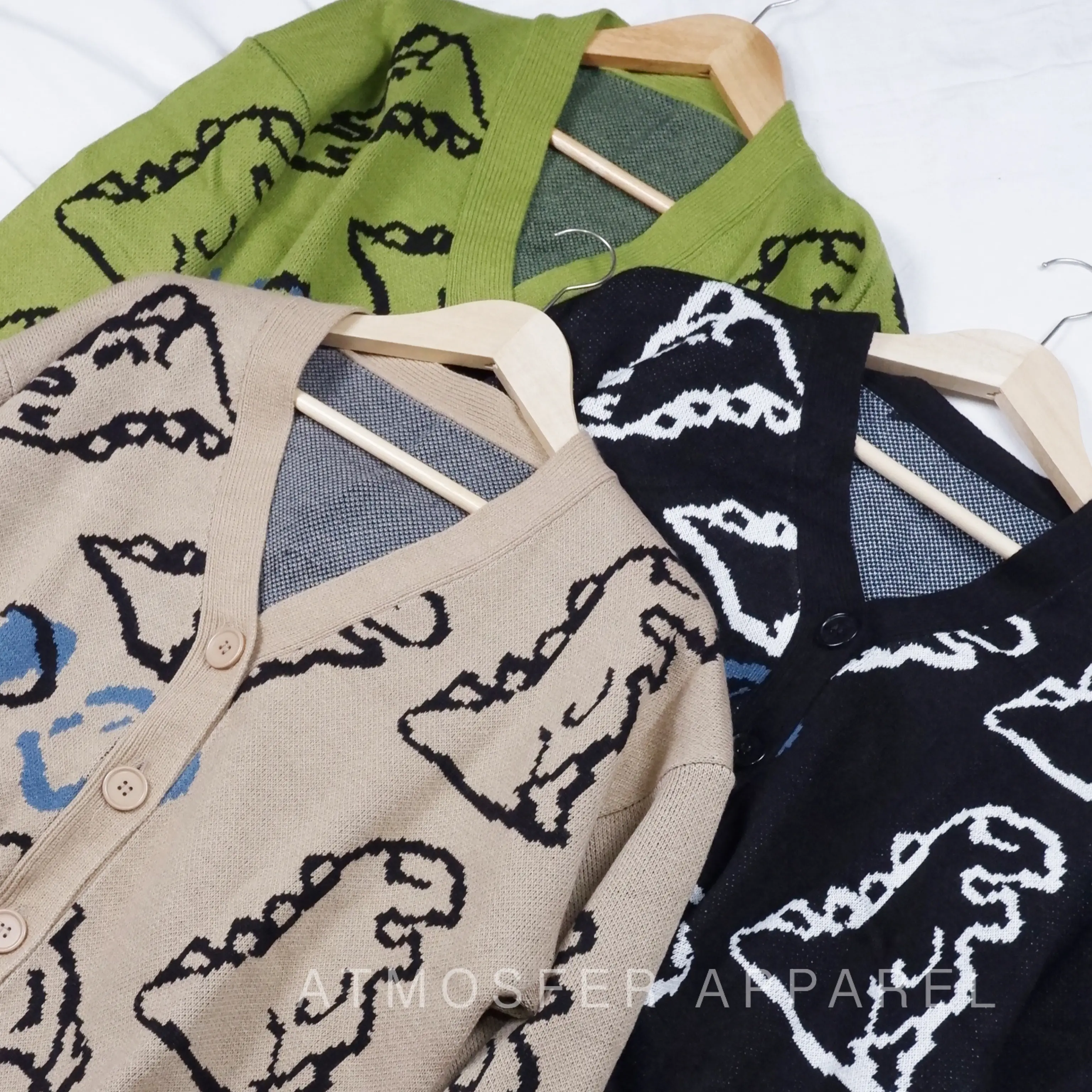 Dino Cardigan Rajut Wanita Oversize Jumbo Motif Dino Sweater Knitwear Lembut  Outer  Kardigan