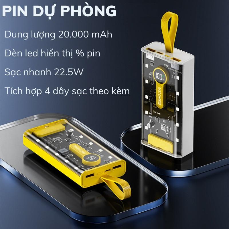 [TẶNG KÈM DÂY SẠC 4 ĐẦU] Sạc Dự Phòng Trong Suốt 20000mAh Với 2 Cổng Sạc Nhanh 22.5w và PD 20W Kèm 4 Đầu Sạc Màn Hình LED- LC DESIGN