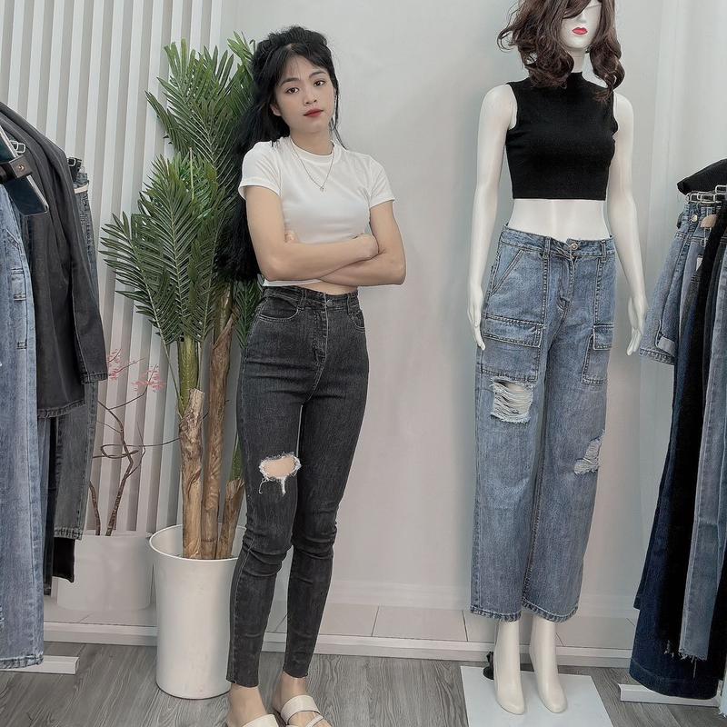 Quần Jean Nữ Ôm Xám Rách Một Bên Đùi Cắt Lai Cá Tính Q068- Bảo Châu Jeans (NHẬN HÀNG KHÔNG ƯNG LIÊN HỆ SHOP ĐỂ ĐỔI TRẢ NHÉ) Pants Women Denim