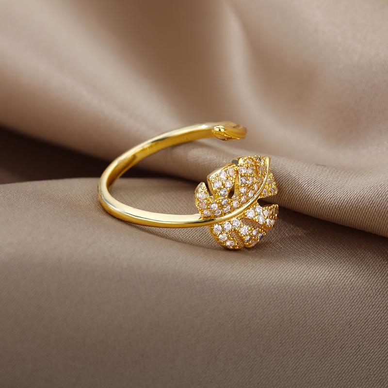 Product Introduction of Fashion Palm Leaf Shape Rings For Women Stainless Steel Gold Color Zircon Adjustable Finger Ring Party Jewelry Gift Bijoux Femme 2