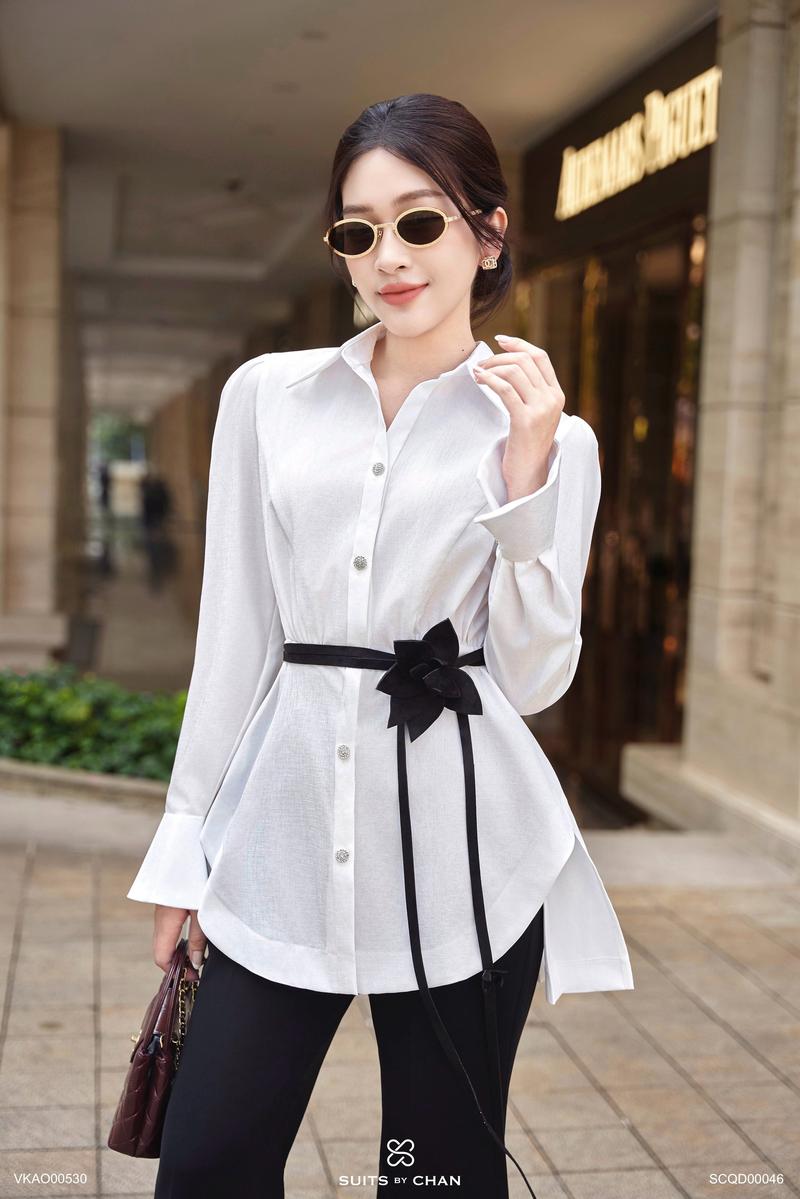 Product Introduction of SUITS BY CHAN - Áo sơ mi kiểu tay dài xếp li tà sau (Ko kèm belt), Quần dài ống loe - VKAO00530 SCQD00046 Nữ Women 45