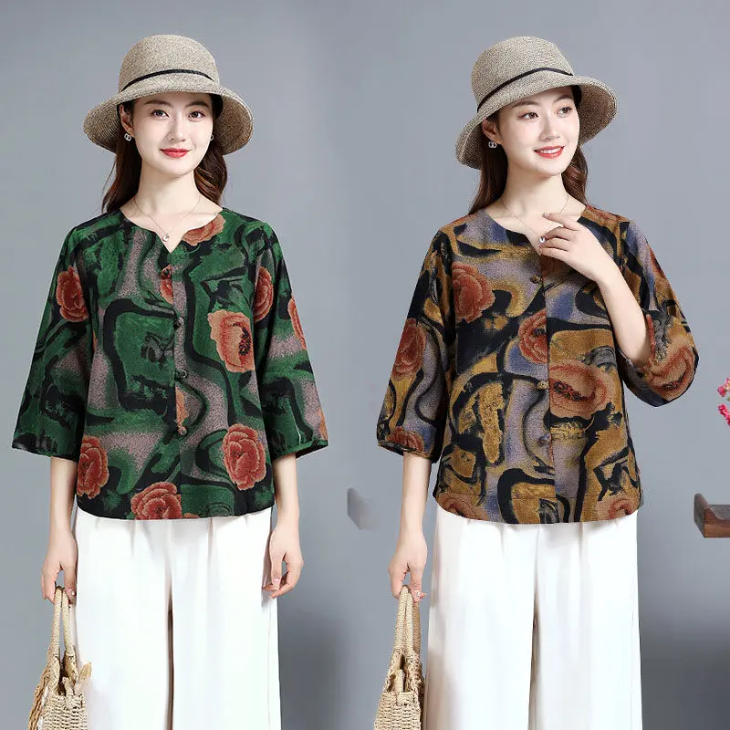Áo Sơ Mi Hoa Cho Nữ, Áo Tay Lỡ Ba Phần Tư, Vải Lanh Cotton, In Thời Trang, Dáng Rộng Vừa Vặn, Áo Cánh Ngoại Cỡ Áo Chui Đầu Bó Sát Thích Hợp Cho Mùa Xuân Và Mùa Hè, Đánh Giá Tích Cực 4175, Áo Cánh Bó Sát Cho Mẹ