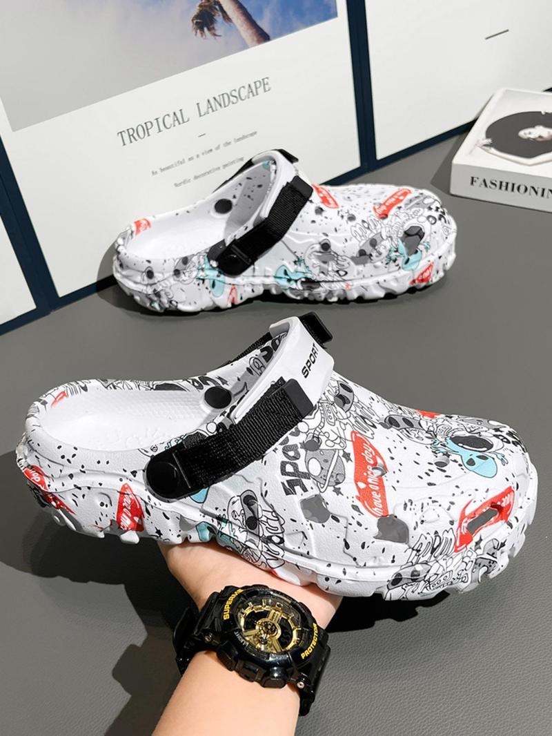 Product Introduction of Men's Fashionable Graffiti Pattern Slides, Casual Comfortable Breathable Slippers for Summer, Male All-match Round Toe Slippers for Daily Wear, Walking Shoes 1