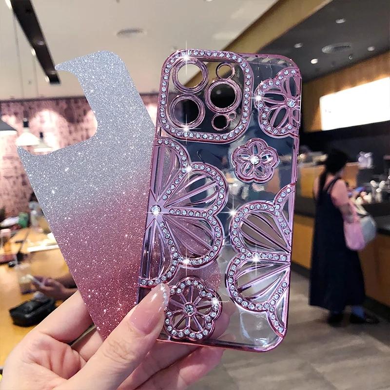 Product Introduction of Luxury Glitter 3D Diamond Flower Phone Case For iPhone 16 15 14 13 12 11 Pro Max Plus Gradient Shockproof Electroplated Cover 2