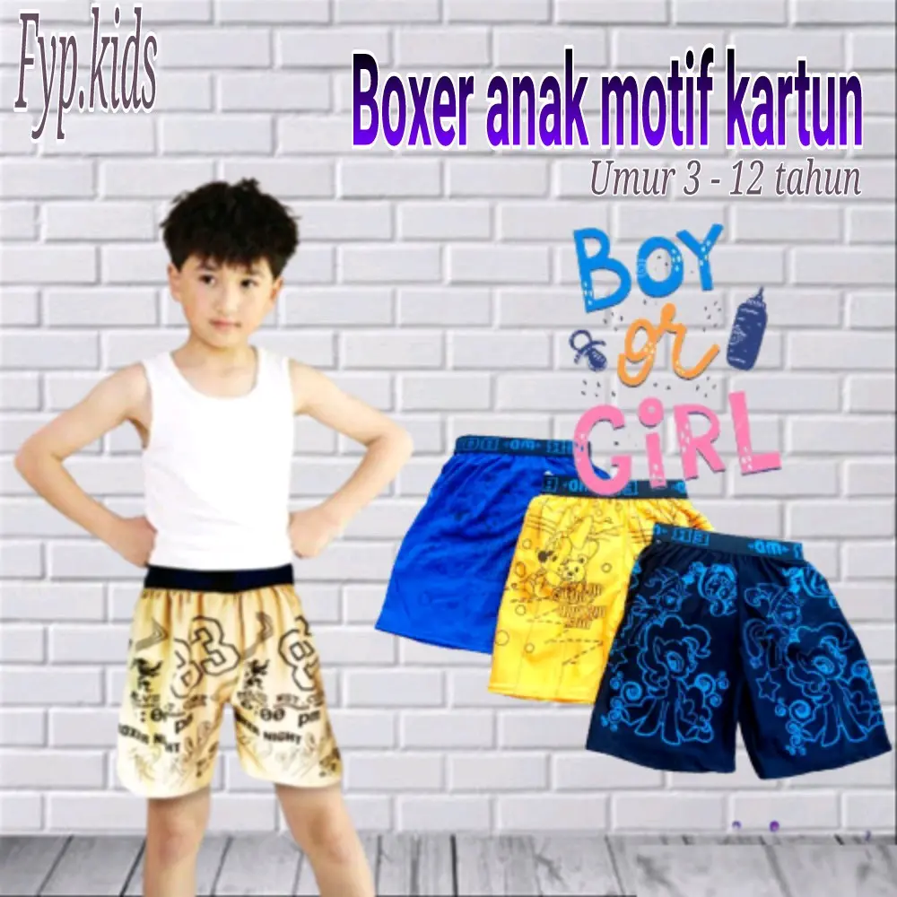 ( 50rb dapat 3pcs ) BOXER ANAK MOTIF KARTUN UNTUK USIA 2 - 12 TAHUN Katun Polos