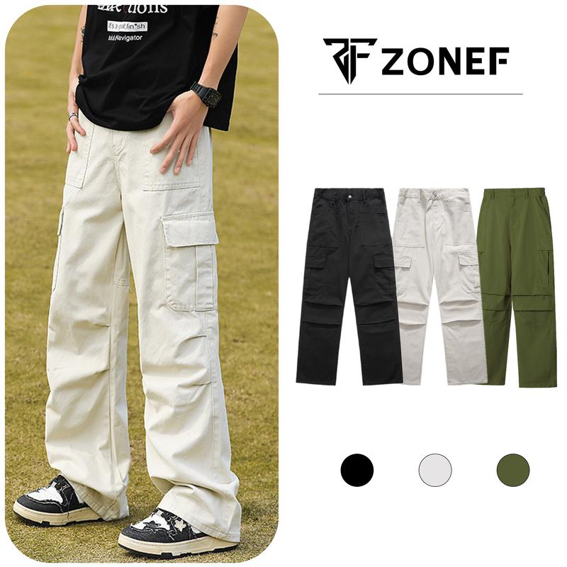 Quần ống suông kaki túi hộp Zonef, Cargo Pants kaki 2 da form rộng mềm mịn, thoáng mát Nam Menswear Màu Đen