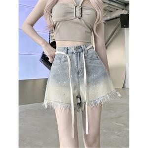 กางเกงยีนส์ขาสั้น ขอบดิบ มาใหม่ สำหรับผู้หญิง เอวสูง แฟชั่น กางเกงขากว้าง