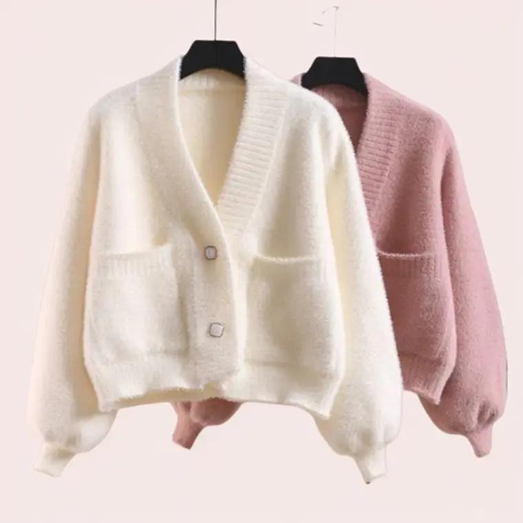 Áo Cadigan Len Lông Tay Bồng Cúc Vuông Siêu Xinh