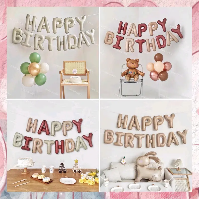 Bộ bóng chữ Happy Birthday tông lì phong cách Hàn Quốc, châu Âu (màu kem, nâu) trang trí sinh nhật, party, thôi nôi