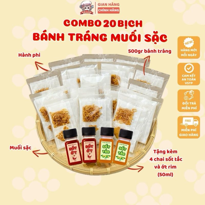 Combo 20 Bịch Bánh Tráng Phơi Sương Muối Sặc, Hành Phi, Tặng Thêm 4 Chai Sốt Tac Hoặc 4 Sốt Ớt Rim Mật Ong, Đồ Ăn Vặt Snack Food banhtrang pho banh trang