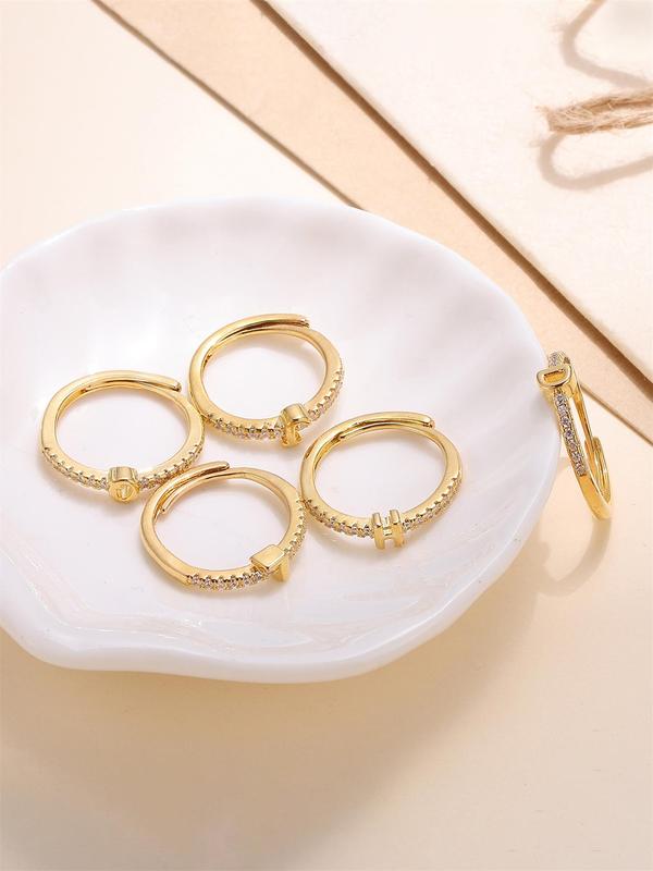 Rhinestone Decorated Elegant Simple Alphabet Ring, Jewelry Accessories Idea For Birthday, Copper Trendy Jewelry For Daily Use 4