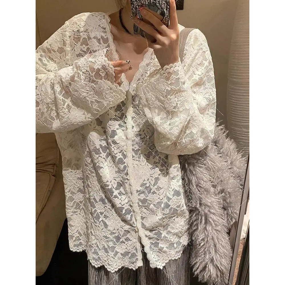 Áo Sơ Mi Lớp Nền Ren Khoét Lỗ Kiểu Pháp, Dành Cho Nữ, Trang Phục Mùa Thu, Cao Cấp, Váy Băng Quấn Mỏng, Áo Sơ Mi Dài Tay, Quần Áo Trên Dễ Thương Và Gợi Cảm, Áo Sơ Mi Lớp Nóng Bỏng, Áo Sơ Mi Dài Tay Nữ Thiết Kế Dễ Thương Và Gợi Cảm, Áo Sơ Mi Ren Khoét Lỗ