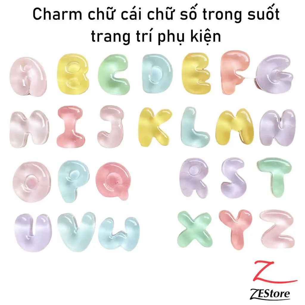 Charm chữ cái trong suốt nhiều màu trang trí điện thoại kèm keo dán tiện lợi