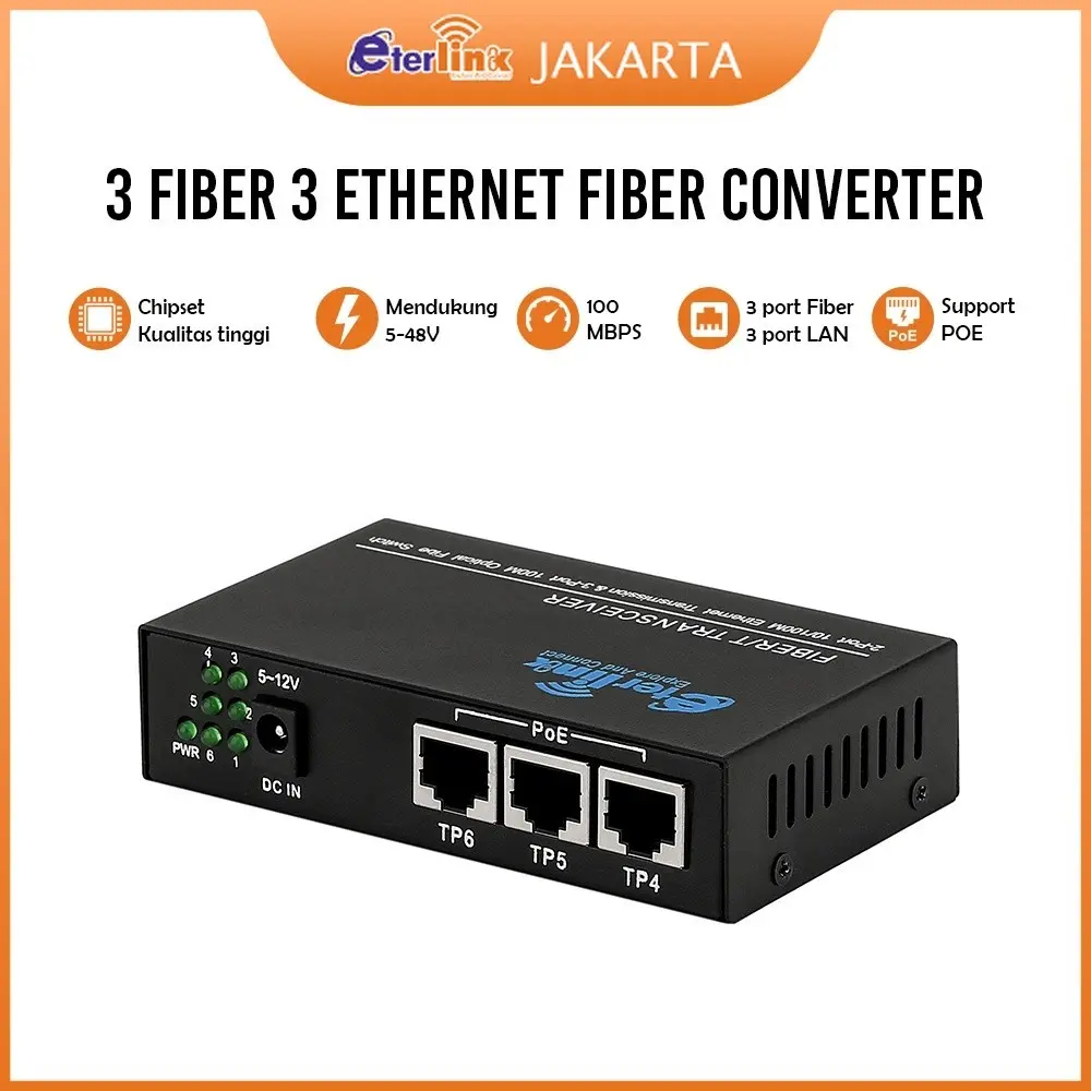 Fiber Optics Ethernet 3FO 3LAN  3F3E 10/100M Reverse POE Media Converter SAJA TANPA ADAPTOR